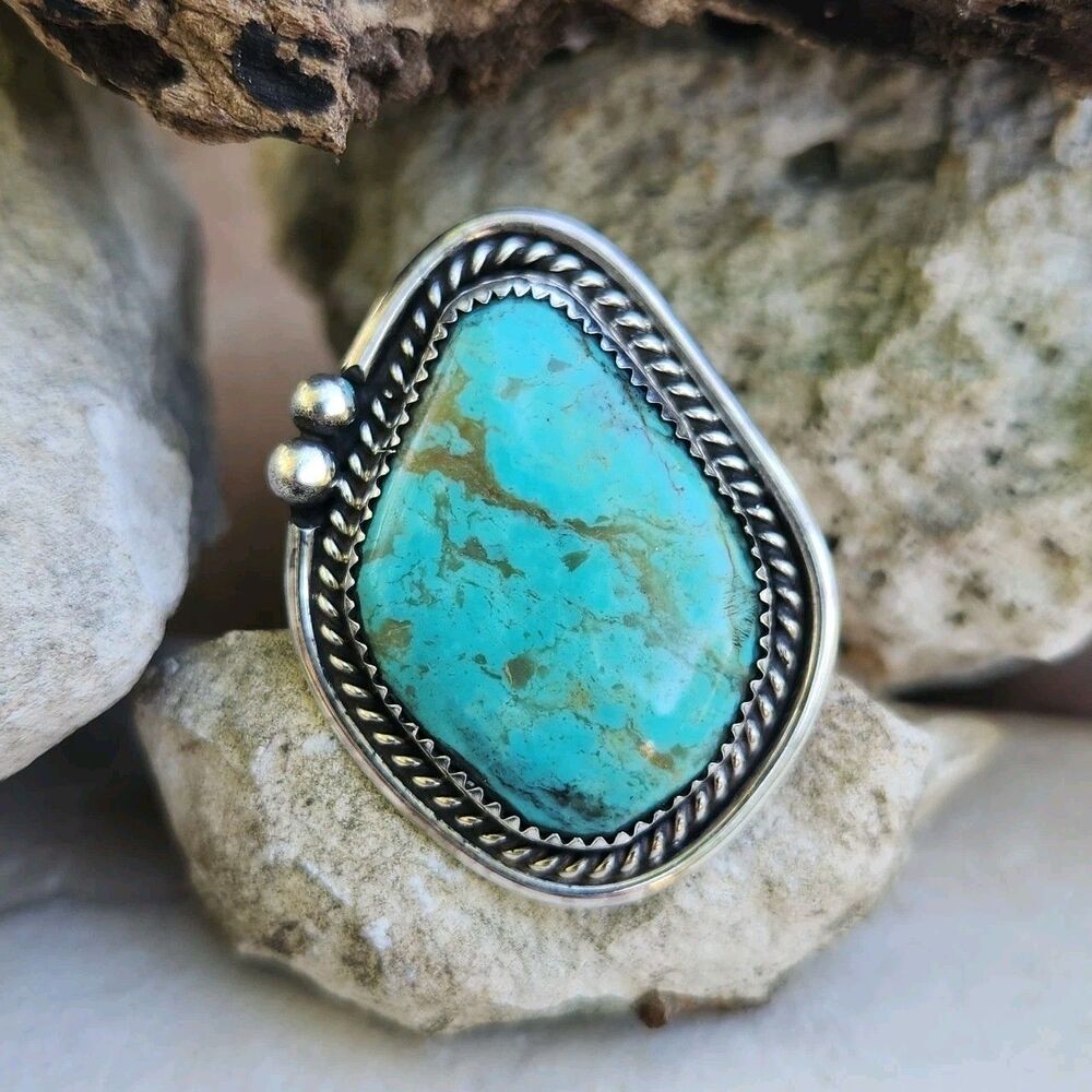 Leslie Nez Navajo handmade Turquoise ring sz 8.25 sterling signed